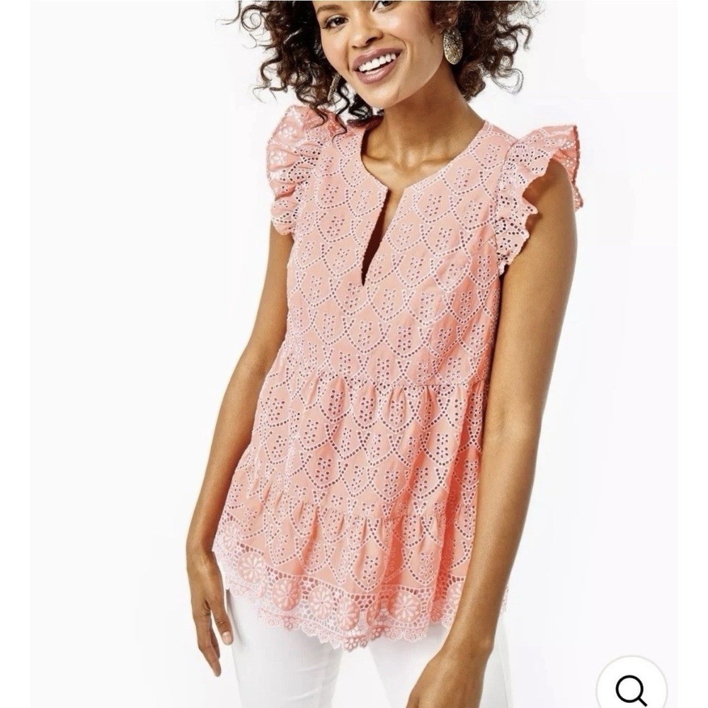 LILLY‎ PULITZER Keila Top 14 Peach Hyacinth Floral Eyelet Embroidery Feminine